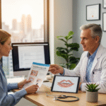 A woman consulting with a male doctor in an office about the Scarless Lip Lift procedure, holding a pamphlet and looking at a tablet.