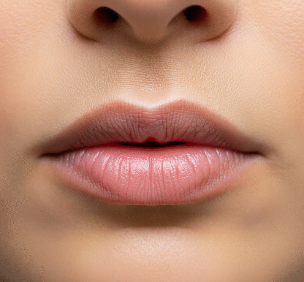 A close-up of a person's lips after a Scarless Lip Lift procedure, showing no visible scarring and a fuller, natural appearance.