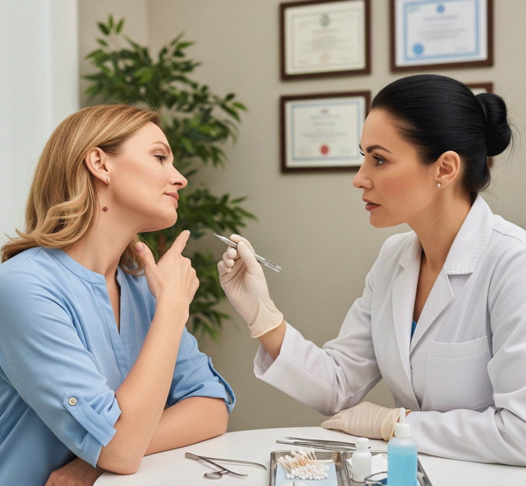 A patient consults with a dermatologist about skin tag removal, pointing to a skin tag on her neck. The doctor, in a white coat, examines the area.