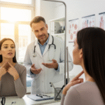 A patient and a doctor look at the patient's skin tag in a mirror during a medical consultation. The doctor gestures to the reflection.