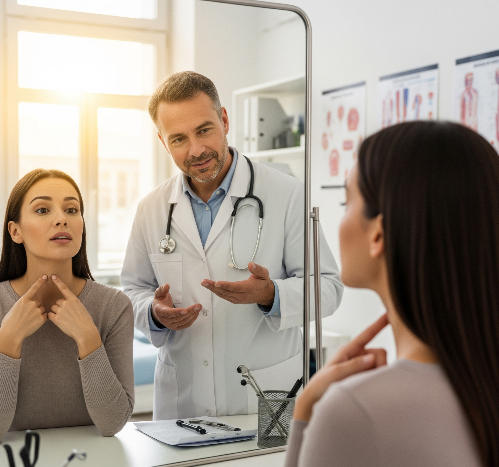 A patient and a doctor look at the patient's skin tag in a mirror during a medical consultation. The doctor gestures to the reflection.