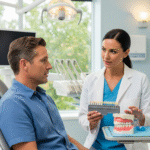 A male patient and a female dentist in a professional setting, discussing teeth whitening options. The dentist is holding a tooth shade guide.