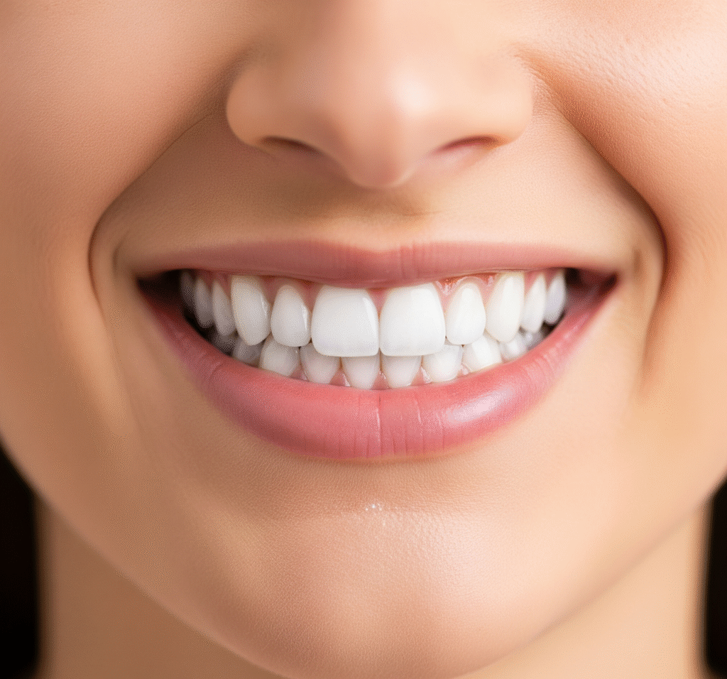 A close-up shot of a person smiling, showcasing their bright, white teeth after a successful teeth whitening treatment.