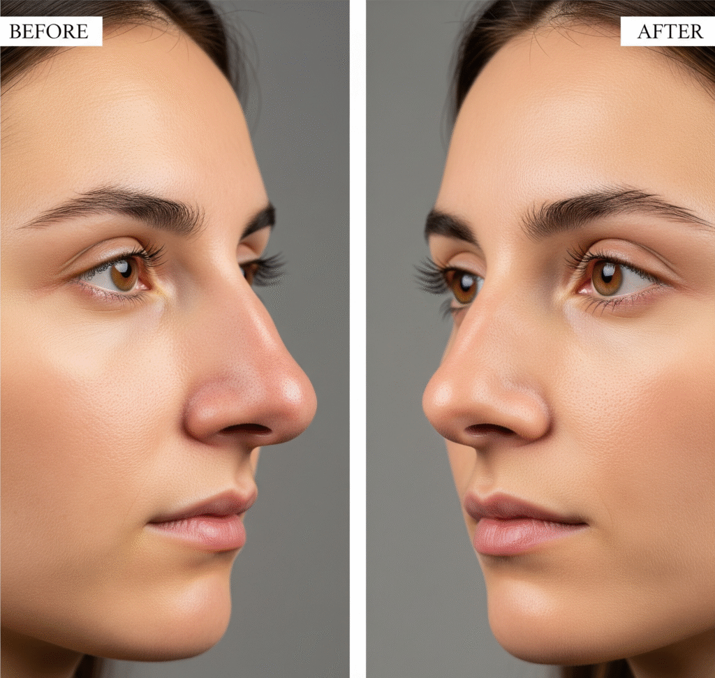 A side-by-side image showing a "before" and "after" result of a rhinoplasty surgery on a woman's nose.