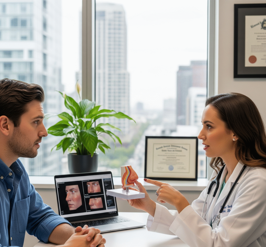 A male patient and a female doctor discuss rhinoplasty, with a laptop showing a 3D nose simulation and the doctor holding a nose model.