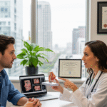 A male patient and a female doctor discuss rhinoplasty, with a laptop showing a 3D nose simulation and the doctor holding a nose model.