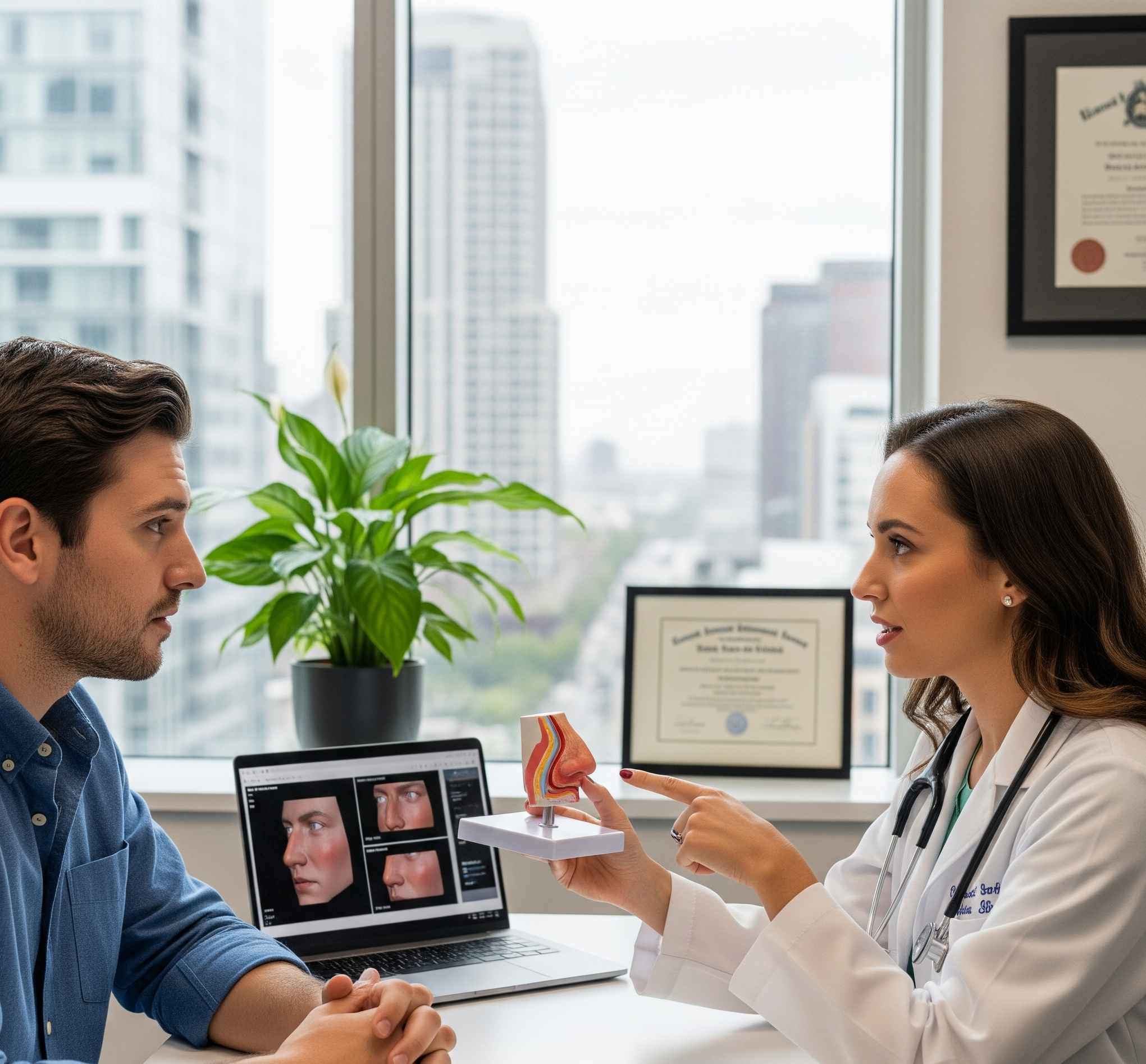 A male patient and a female doctor discuss rhinoplasty, with a laptop showing a 3D nose simulation and the doctor holding a nose model.