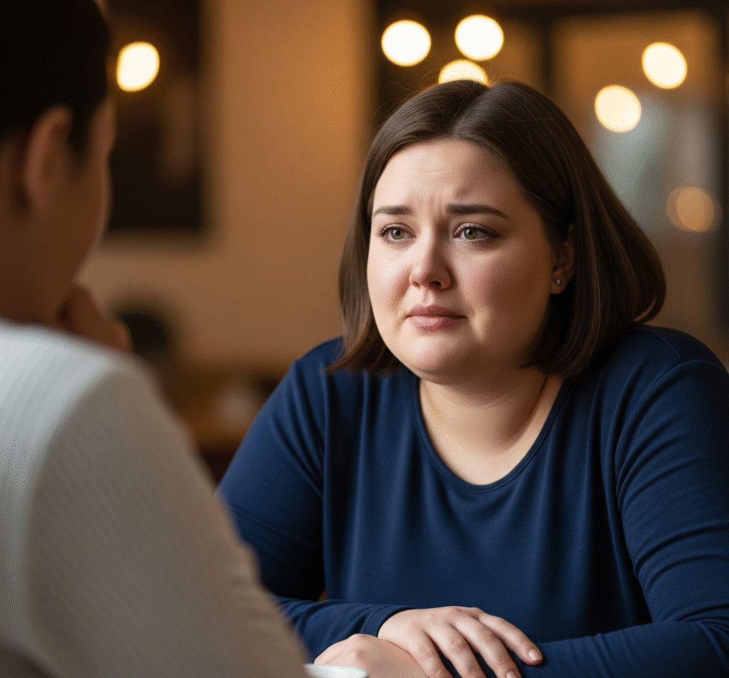 A sad woman with full cheeks talks to her friend about her desire to get buccal fat removal.