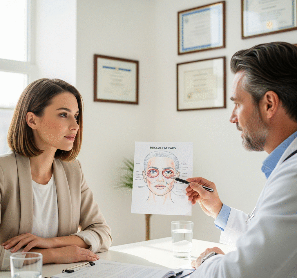 A woman consults with a doctor about the buccal fat removal procedure, pointing to a diagram of the face.