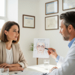 A woman consults with a doctor about the buccal fat removal procedure, pointing to a diagram of the face.