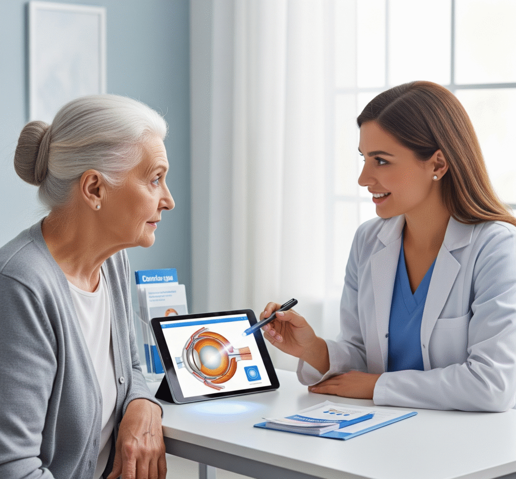 An elderly woman with cataracts consults with a female doctor about the procedure and cost of cataract surgery.
