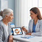 An elderly woman with cataracts consults with a female doctor about the procedure and cost of cataract surgery.