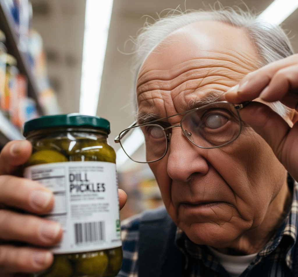 An elderly man with cataracts squints while trying to read a product label, illustrating the difficulty with vision before cataract surgery.