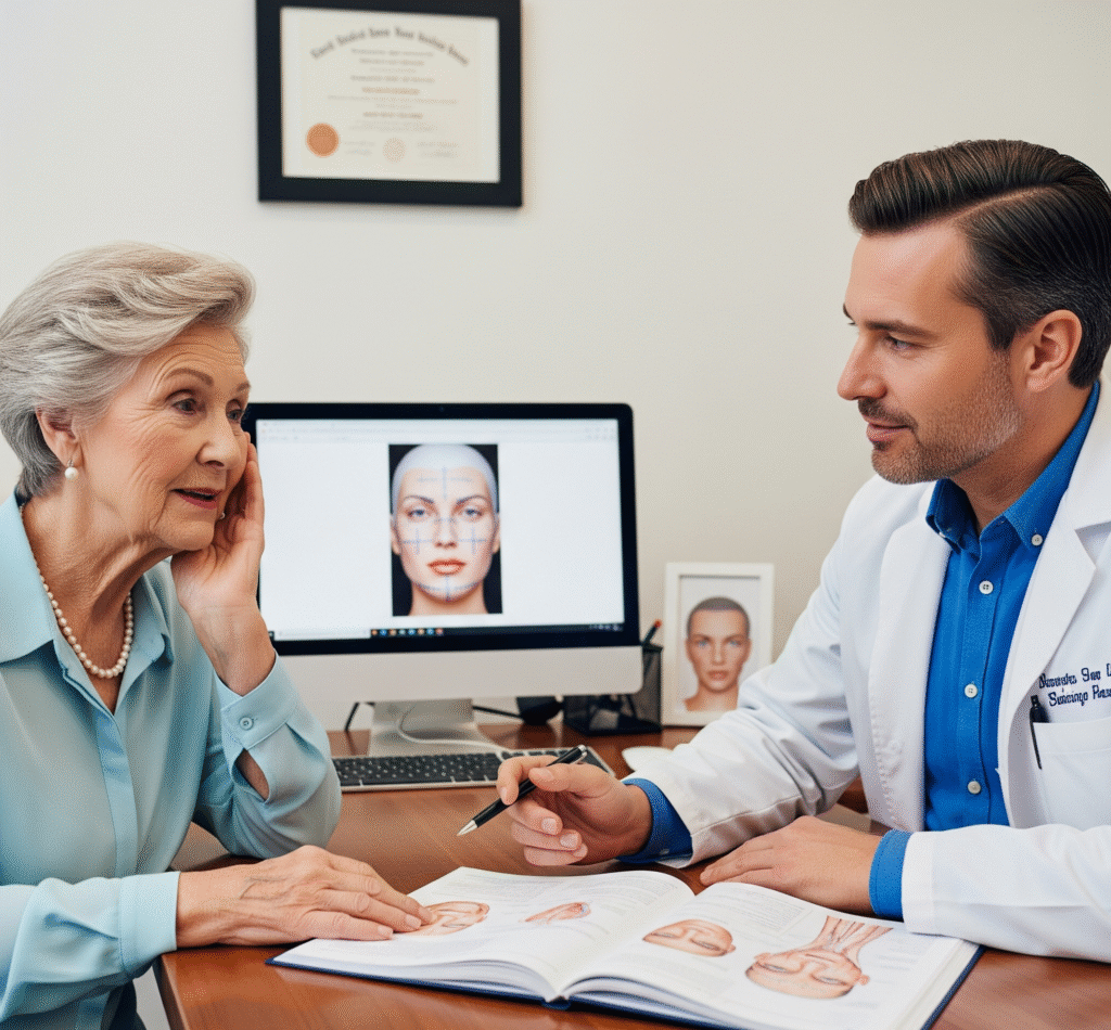 An elderly woman consulting with a doctor about facelift surgery.