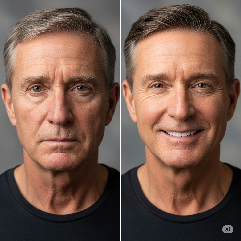 A man's face before and after a facelift with a smooth forehead.