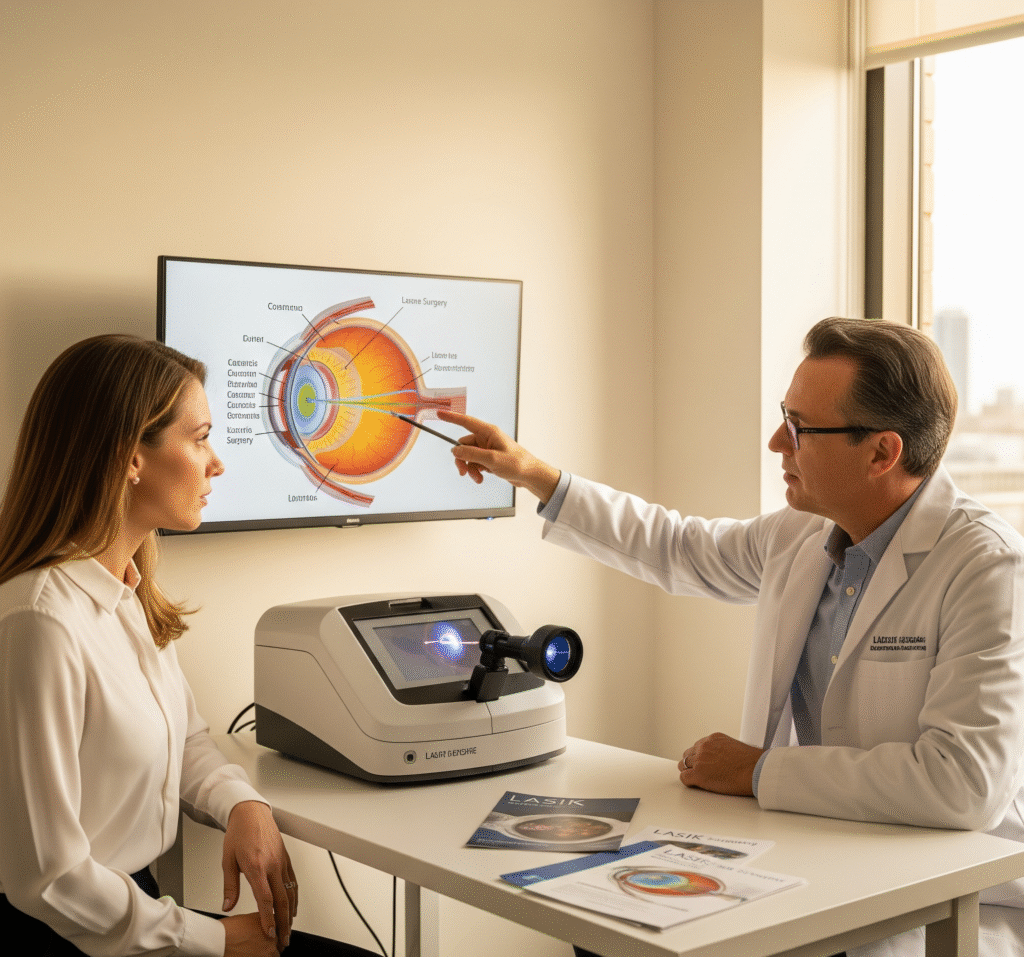 A female patient consulting with an eye doctor about laser eye surgery, with the doctor pointing to a diagram of the eye to explain the procedure and its cost in Albania.