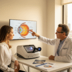 A female patient consulting with an eye doctor about laser eye surgery, with the doctor pointing to a diagram of the eye to explain the procedure and its cost in Albania.