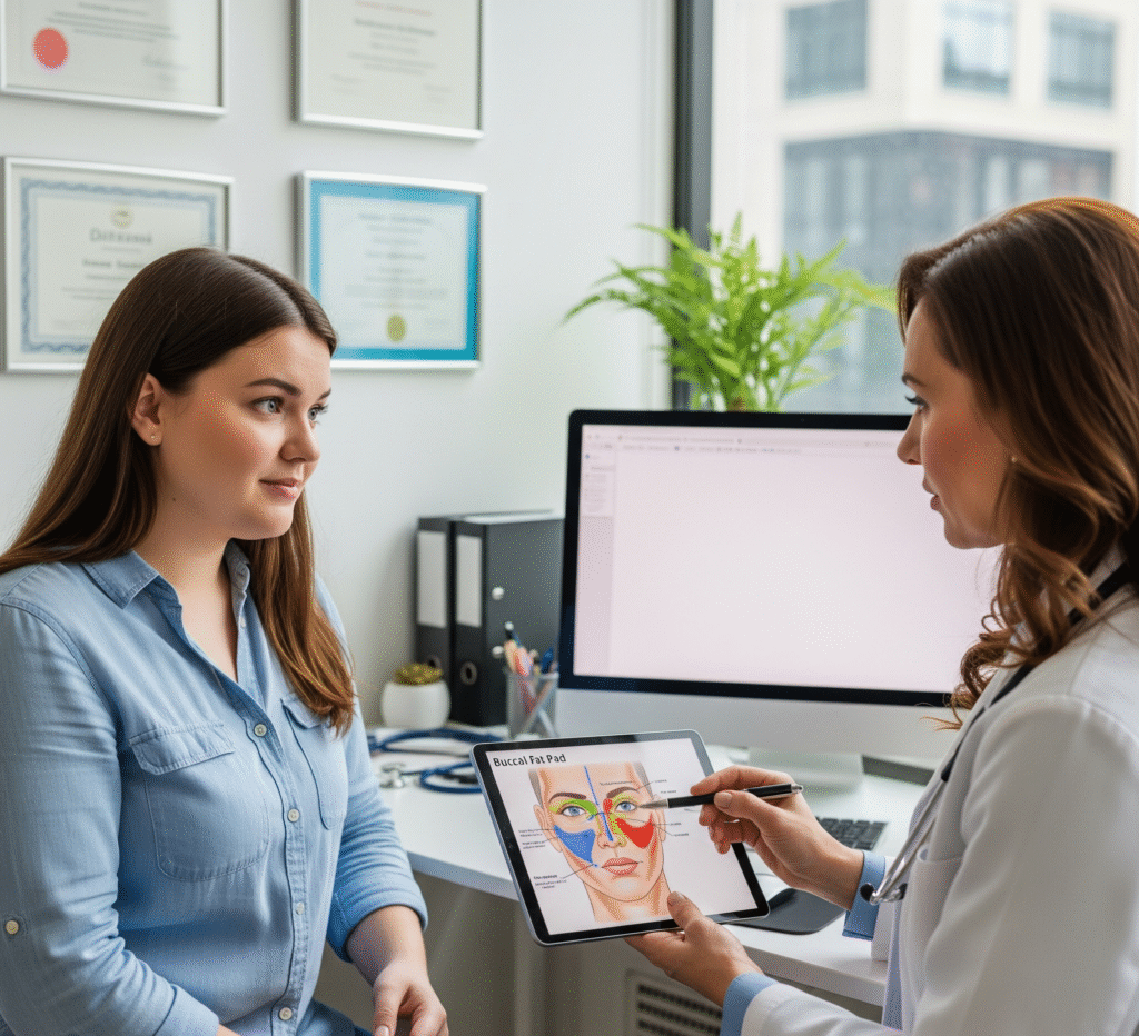 A female patient consulting with a doctor who is showing her a diagram of facial anatomy on a tablet, discussing buccal fat removal.