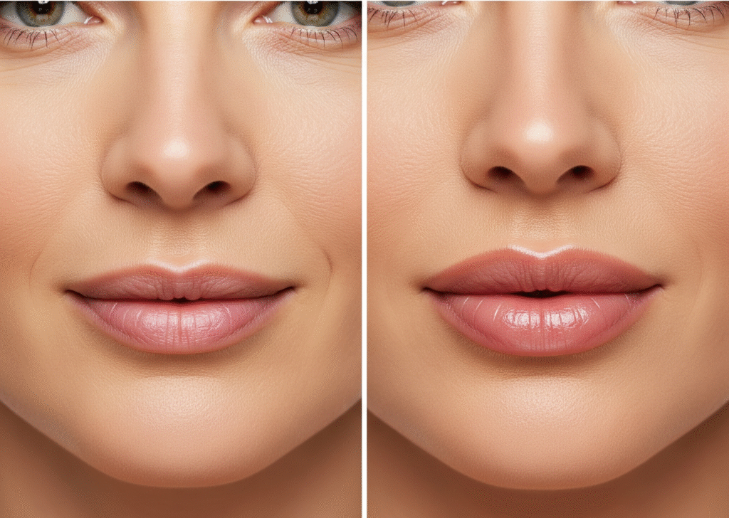 Before and after comparison of a lip lift procedure. The "before" photo highlights a longer philtrum, and the "after" photo shows a shorter philtrum and a more defined upper lip.
