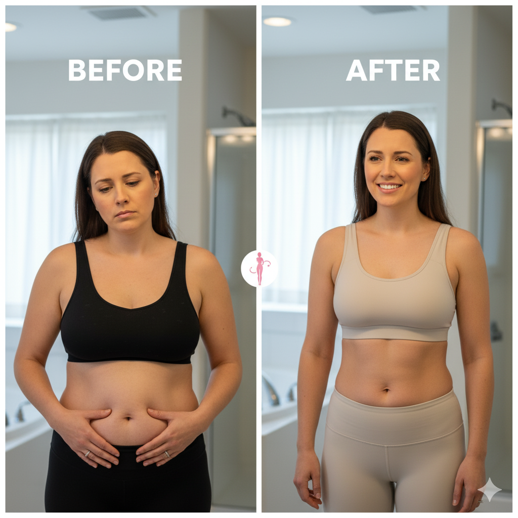 A side-by-side "before and after" comparison showing a woman on the left appearing unhappy with her post-pregnancy body, and on the right, looking confident and pleased after a mommy makeover, demonstrating significant body contouring results.