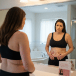 A woman looks dejectedly at her reflection in a bathroom mirror, holding her stomach, expressing dissatisfaction with her post-pregnancy body before considering a mommy makeover.