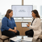A doctor in a white coat shows a woman a tablet with body contouring diagrams, discussing a Mommy Makeover in an office setting.