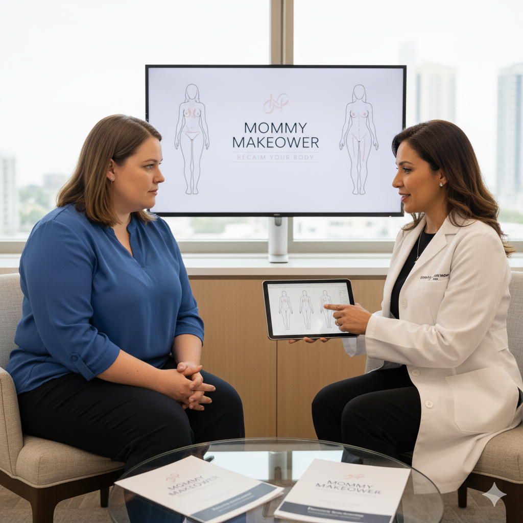 A doctor in a white coat shows a woman a tablet with body contouring diagrams, discussing a Mommy Makeover in an office setting.