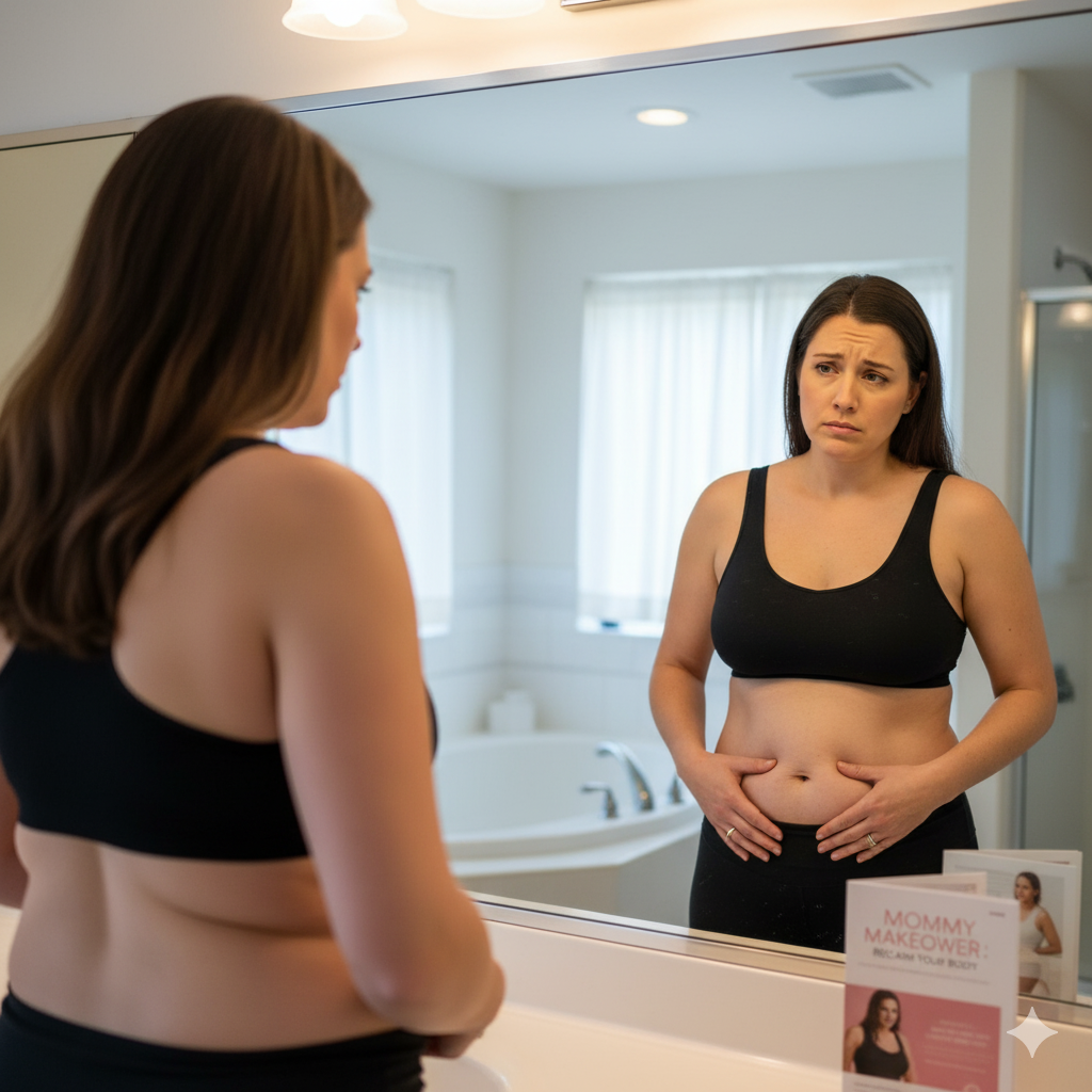 A woman looks dejectedly at her reflection in a bathroom mirror, holding her stomach, expressing dissatisfaction with her post-pregnancy body before considering a mommy makeover.