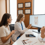 A patient discussing a tummy tuck with a doctor in a consultation room.