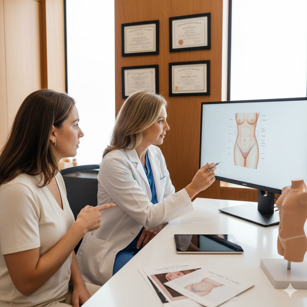A patient discussing a tummy tuck with a doctor in a consultation room.