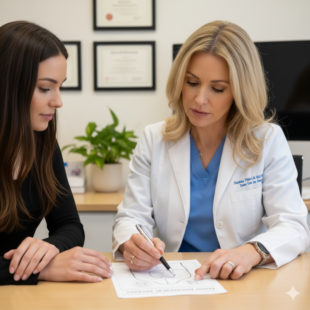 A close-up of a patient and doctor in discussion about tummy tuck surgery.