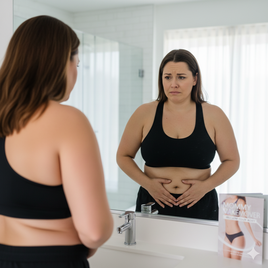 Upset woman holding her post-pregnancy stomach in front of a mirror with a "Mommy Makeover" brochure nearby.