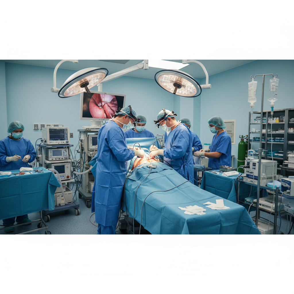 A surgical team performing a bariatric operation in a sterile operating room, with a monitor displaying an internal view, illustrating an operation to lose weight.