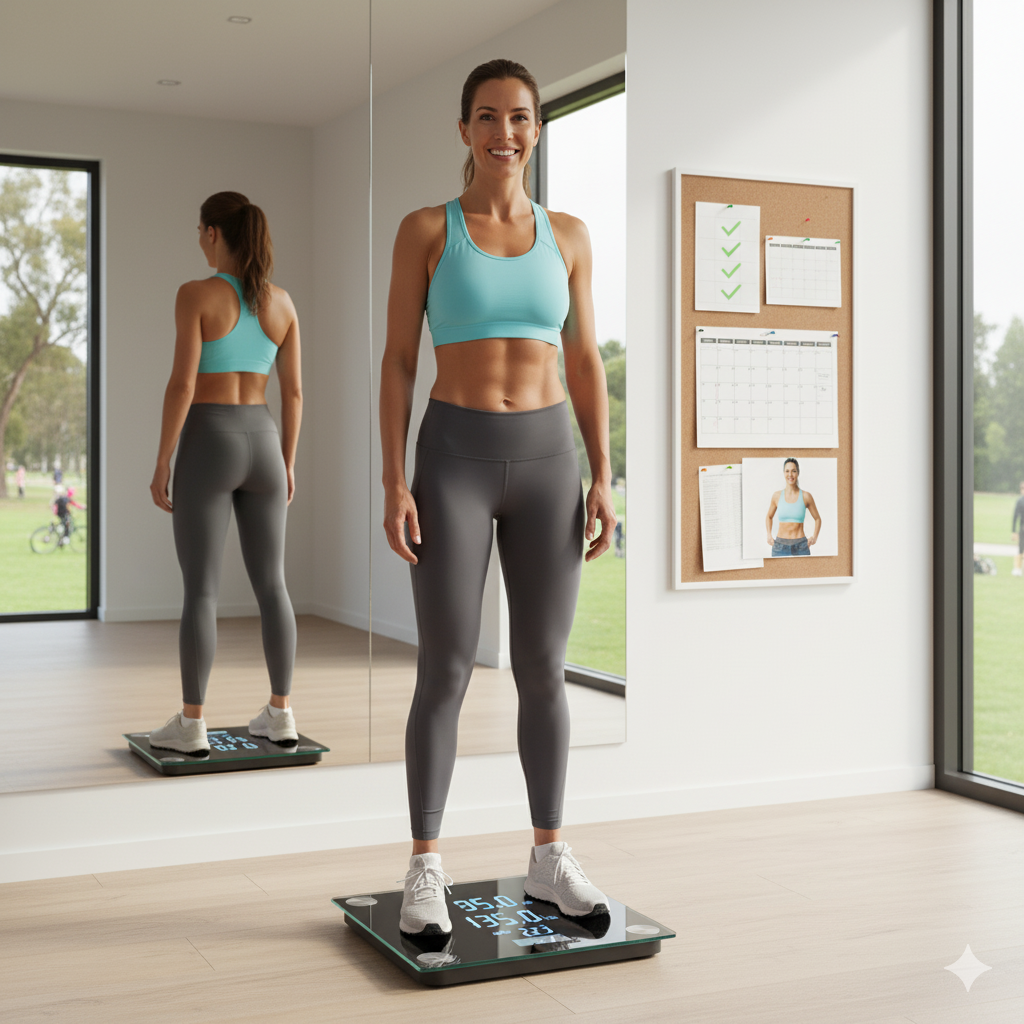 A fit and smiling woman standing on a smart digital scale displaying a healthy weight, with a corkboard in the background showing a workout calendar and progress photos, demonstrating the results of an operation to lose weight or a fitness journey.