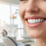 A close-up of a person smiling with perfectly white, straight teeth, suggesting the results of dental veneers.