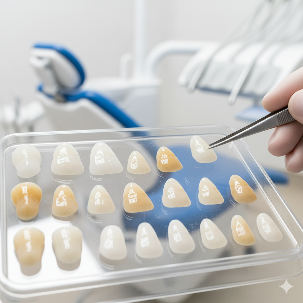 Dentist applying a veneer to a patient's tooth with a light cure, illustrating the final step of the veneers procedure.