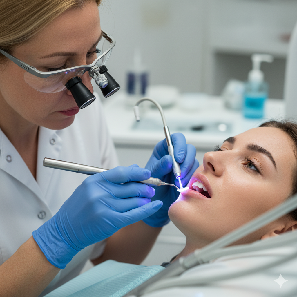 A focused female dentist wearing magnifying loupes and blue gloves performing a detailed dental procedure on a female patient, likely related to veneers or dental bonding.
