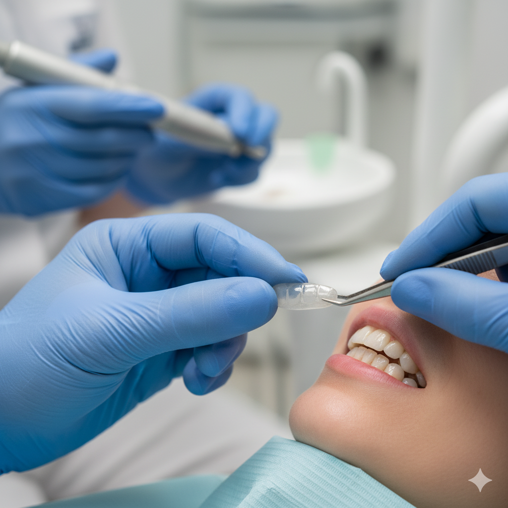 A dental professional in blue gloves carefully placing a porcelain veneer onto a patient's tooth.