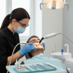 A dental professional selecting a veneer from a tray of different shades and shapes using tweezers for a patient.