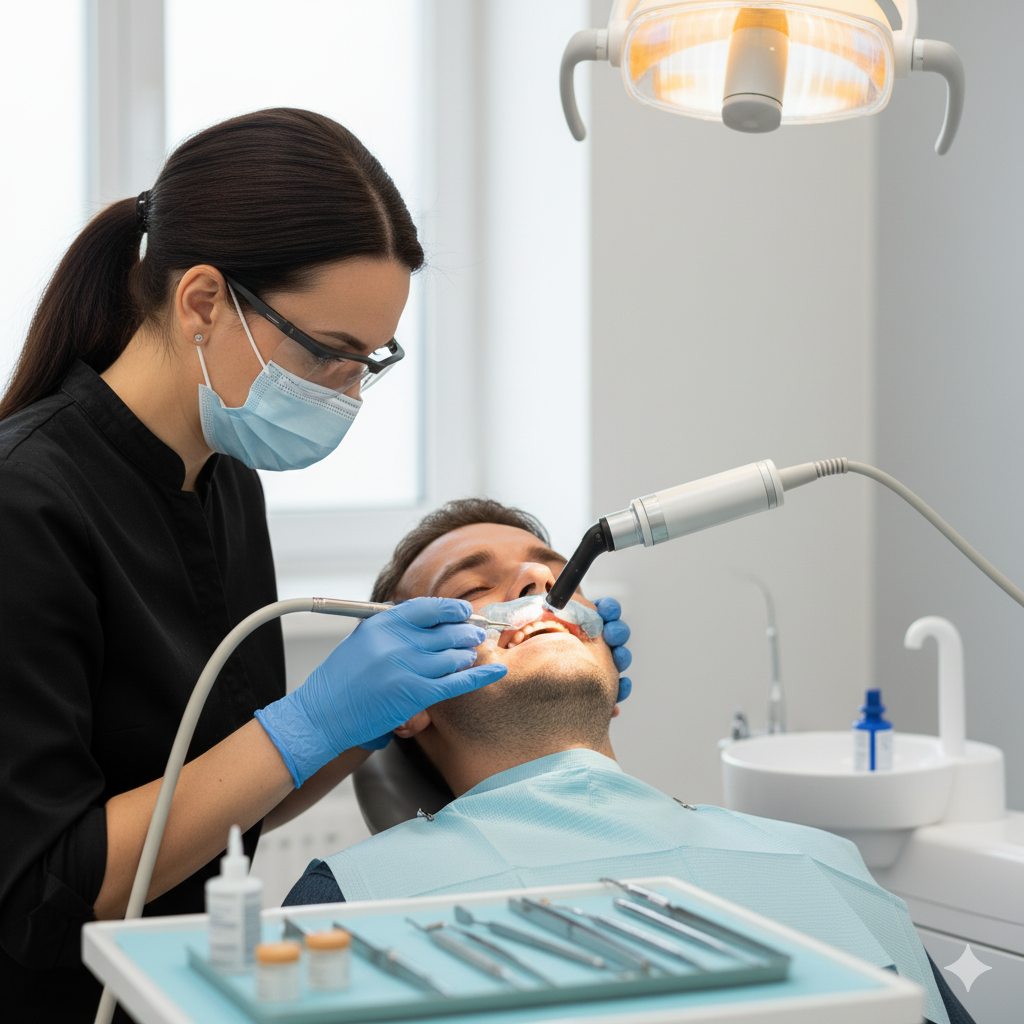 A dental professional selecting a veneer from a tray of different shades and shapes using tweezers for a patient.