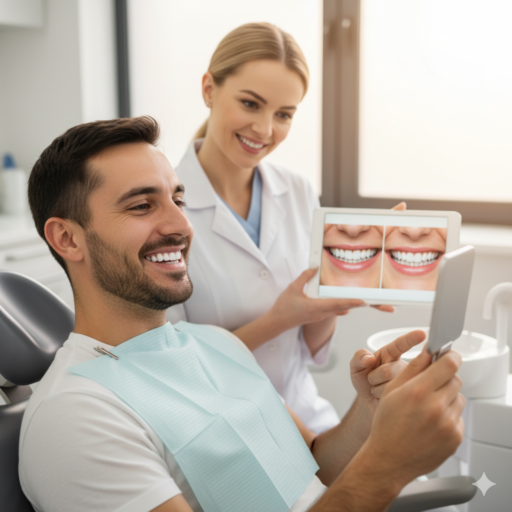 A happy male patient in a dental chair looking at his reflection while a female dentist shows him before and after veneers images on a tablet, showcasing his new smile.