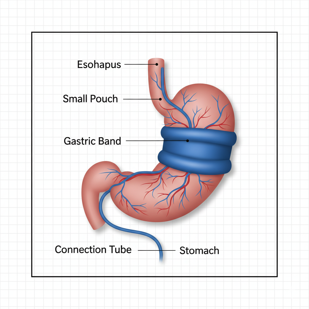 A detailed medical diagram illustrating a gastric band placed around the stomach, showing the small pouch, esophagus, and connection tube, to help explain the procedure and its associated gastric band cost.