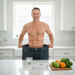 A smiling man, shirtless, proudly holds up his old, oversized jeans in a modern kitchen, demonstrating significant weight loss. On the counter, there's a booklet about gastric sleeve surgery and medical staples, representing the procedure and related gastric sleeve surgery cost.