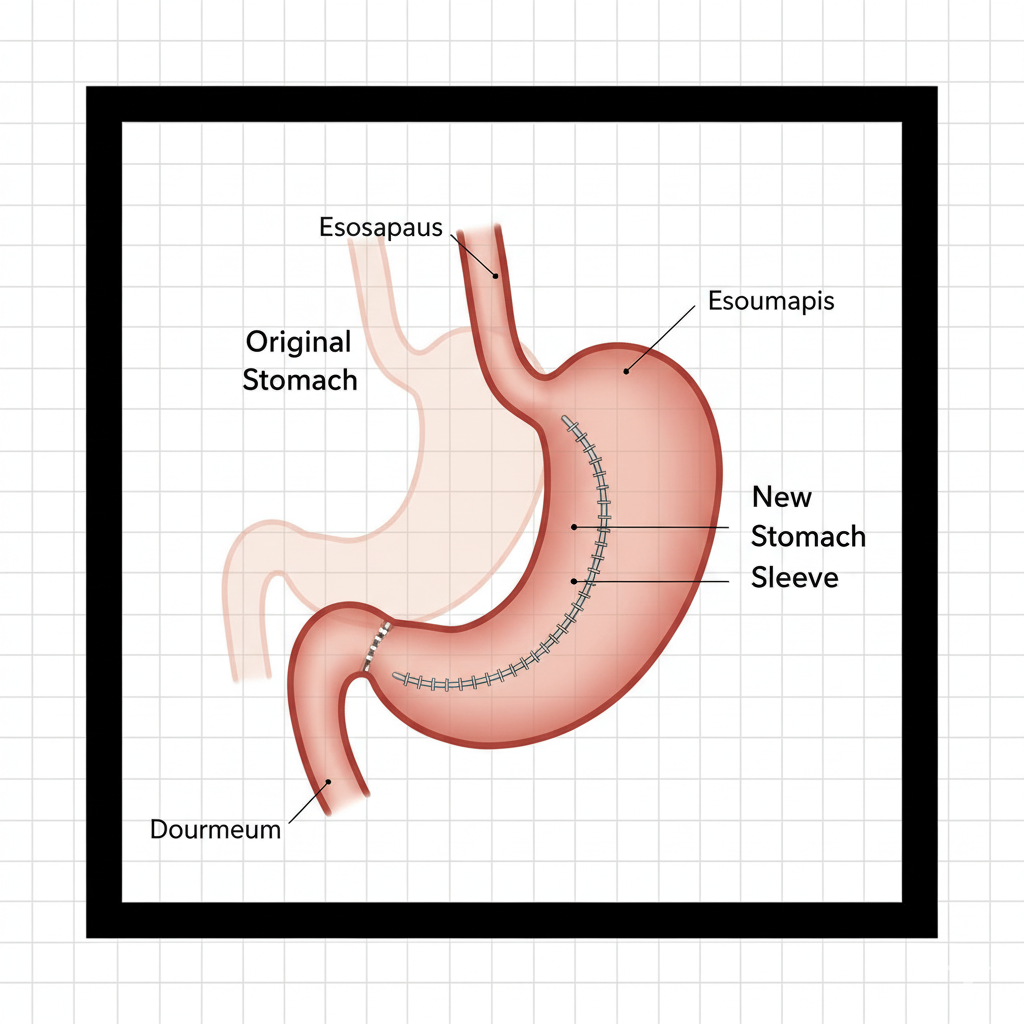 A medical diagram illustrating the gastric sleeve procedure, showing the original stomach outline and the new, reduced stomach sleeve formed after surgery, crucial for understanding factors influencing gastric sleeve surgery cost.