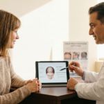 Specialist consulting with a female patient about hair transplant cost factors and suitability for female hair restoration.