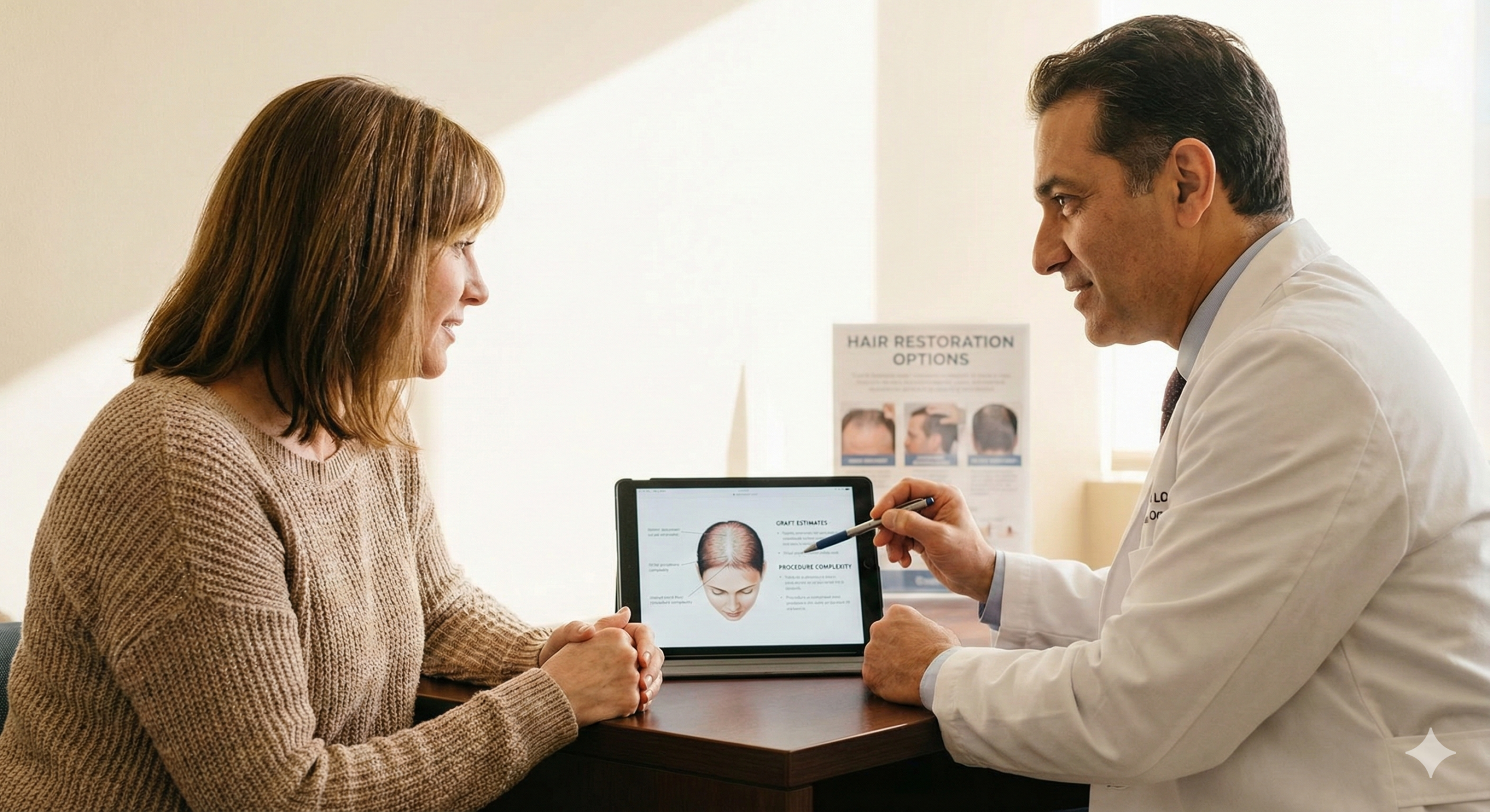 Specialist consulting with a female patient about hair transplant cost factors and suitability for female hair restoration.