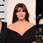 A three-panel collage of Monica Bellucci at various red carpet events, showcasing the refined jawline and neck area often discussed in Monica Bellucci facelift reviews.