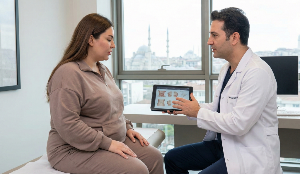 A woman with a fuller figure having a consultation with a plastic surgeon in a clinic in Istanbul, Turkey, discussing a tummy tuck procedure.