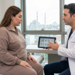 A woman with a fuller figure having a consultation with a plastic surgeon in a clinic in Istanbul, Turkey, discussing a tummy tuck procedure.