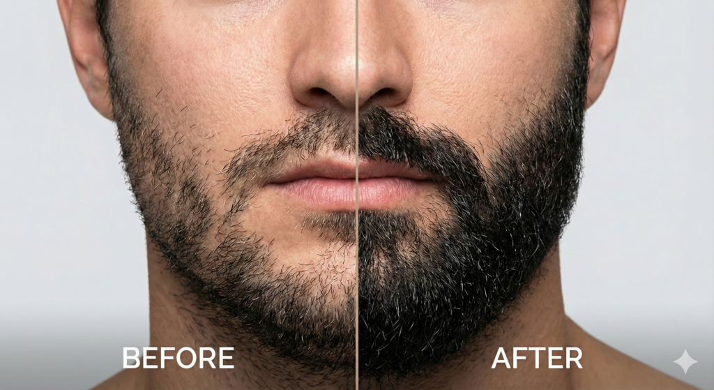 Before and after comparison of a man who received a full beard transplant for sparse facial hair